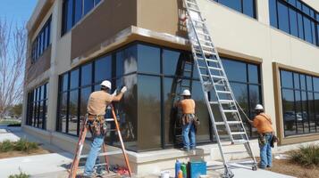 Construction Workers Applying Sealant to Building Windows photo