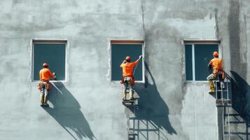 Three Construction Workers on Ladders Working on Windows of a Building photo