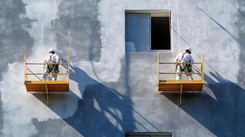 Two Painters on Suspended Scaffolds Working on a Building Facade photo