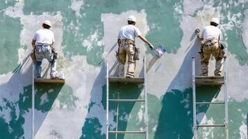 Three Construction Workers Applying White Stucco to a Green Wall photo
