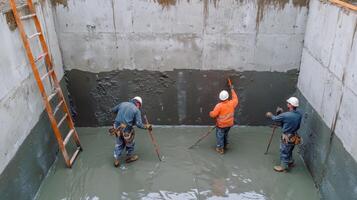 Construction Workers Applying Waterproofing Membrane to Concrete Wall photo