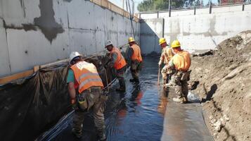 Construction Workers Examining Concrete Wall and Foundation photo