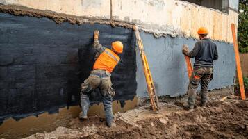 Two Construction Workers Applying Waterproofing Membrane to a Foundation Wall photo
