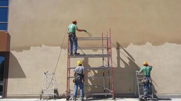 Three Workers Applying Stucco to a Wall photo