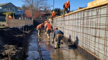 Construction Workers Pouring Concrete Foundation for a New Building photo