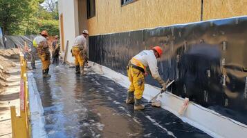 Construction Workers Applying Waterproofing Membrane to Foundation Wall photo