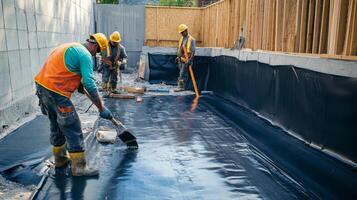 Construction Workers Applying Waterproofing Membrane to Foundation photo