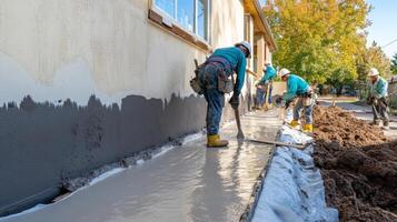 Construction Workers Pouring Concrete Foundation for a House photo