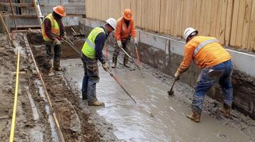 Construction Workers Leveling Wet Concrete with Sticks photo