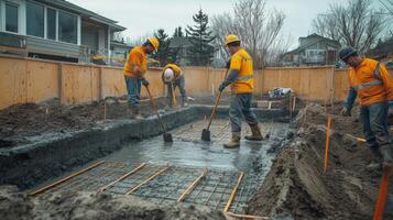Construction Workers Pouring Concrete Into Foundation For New Home photo