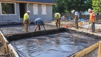 Construction Workers Leveling Concrete Foundation photo