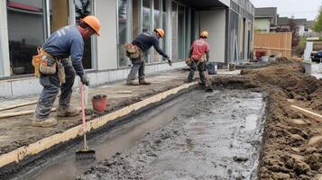 Construction Workers Leveling Wet Concrete with a Broom photo