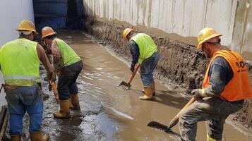 Construction Workers in Mud with Shovels photo