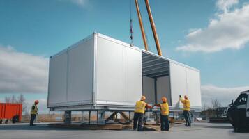 Workers Secure a Large White Container During Construction photo