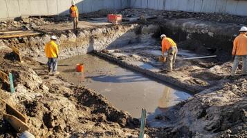 Construction Workers Inspecting a Mud-Filled Excavation Site photo