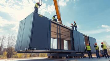 Construction Workers Lifting a Prefabricated Modular Home Section photo