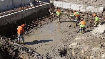 Construction Workers Leveling Concrete at a Construction Site photo