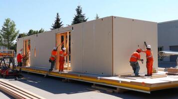 Construction Workers Assembling a Modular Home Section photo