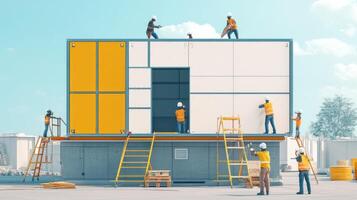 Construction Workers Building a Modern Structure with Yellow and White Panels photo