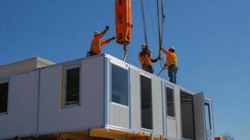 Workers Using a Crane to Lift a Modular Building Section photo