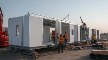 Construction Workers Assembling Prefabricated Modular Building photo