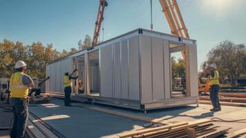 Construction Workers and Crane Lifting a Modular Building Section photo