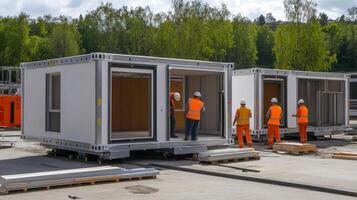 Workers in Safety Vests Inspecting Pre-Fabricated Modular Home Units photo