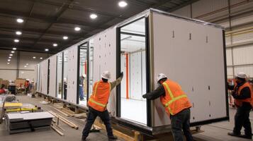Construction Workers Assembling a Prefabricated Modular Building photo