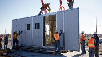 Workers installing prefabricated wall panel on a building under construction photo
