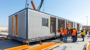Construction Workers Examining Pre-fabricated Building Structure photo