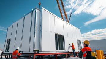 Workers Constructing A Modular Building With A Crane photo