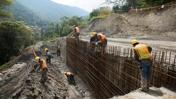 Construction Workers Building Retaining Wall in Mountainous Area photo