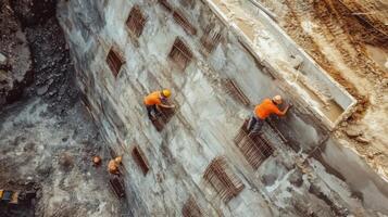 Construction Workers on a Concrete Wall with Rebar photo