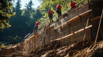 Construction Workers Building a Retaining Wall in a Forest photo
