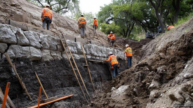 Workers Constructing a Stone Retaining Wall photo