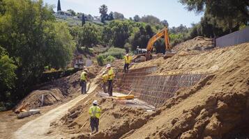 Construction Workers Building Retaining Wall on Hillside photo