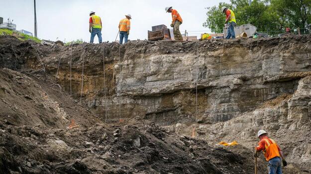 Construction Workers on a Sloping Rock Face with Cables photo