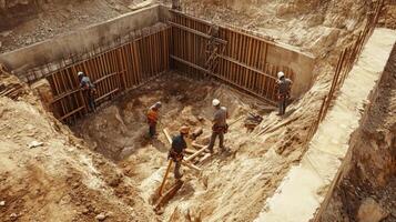 Construction Workers Building Foundation at Construction Site photo