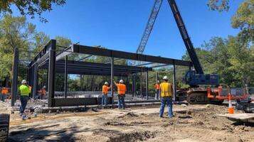 Construction Workers Building a Steel Frame Structure photo