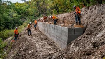 Construction Workers Building a Retaining Wall on a Hillside photo