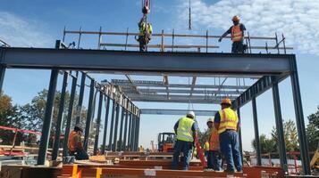 Construction Workers Installing Steel Beams on a Building Frame photo