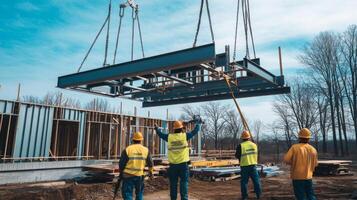 Construction Workers Lifting a Steel Beam with a Crane photo
