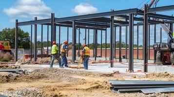 Construction Workers Building a Steel Frame Structure photo