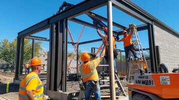 Construction Workers Installing Steel Beams For A New Building photo