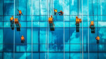 Window Cleaners Suspended From a Modern Skyscraper photo