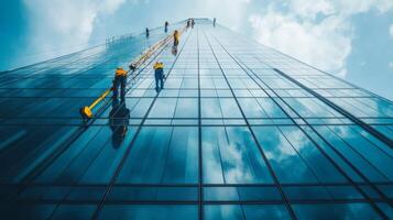 Workers Cleaning Windows on a Tall Glass Skyscraper photo