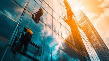 Window Cleaners Working on a Tall Glass Building photo