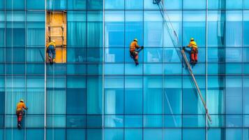Window Cleaners Suspended on Ropes Outside a Glass Building photo