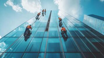 Window Cleaners Hanging From Ropes on a Glass Skyscraper photo