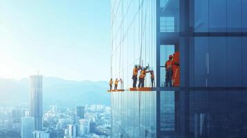 Construction Workers Cleaning Windows on a Skyscraper photo
